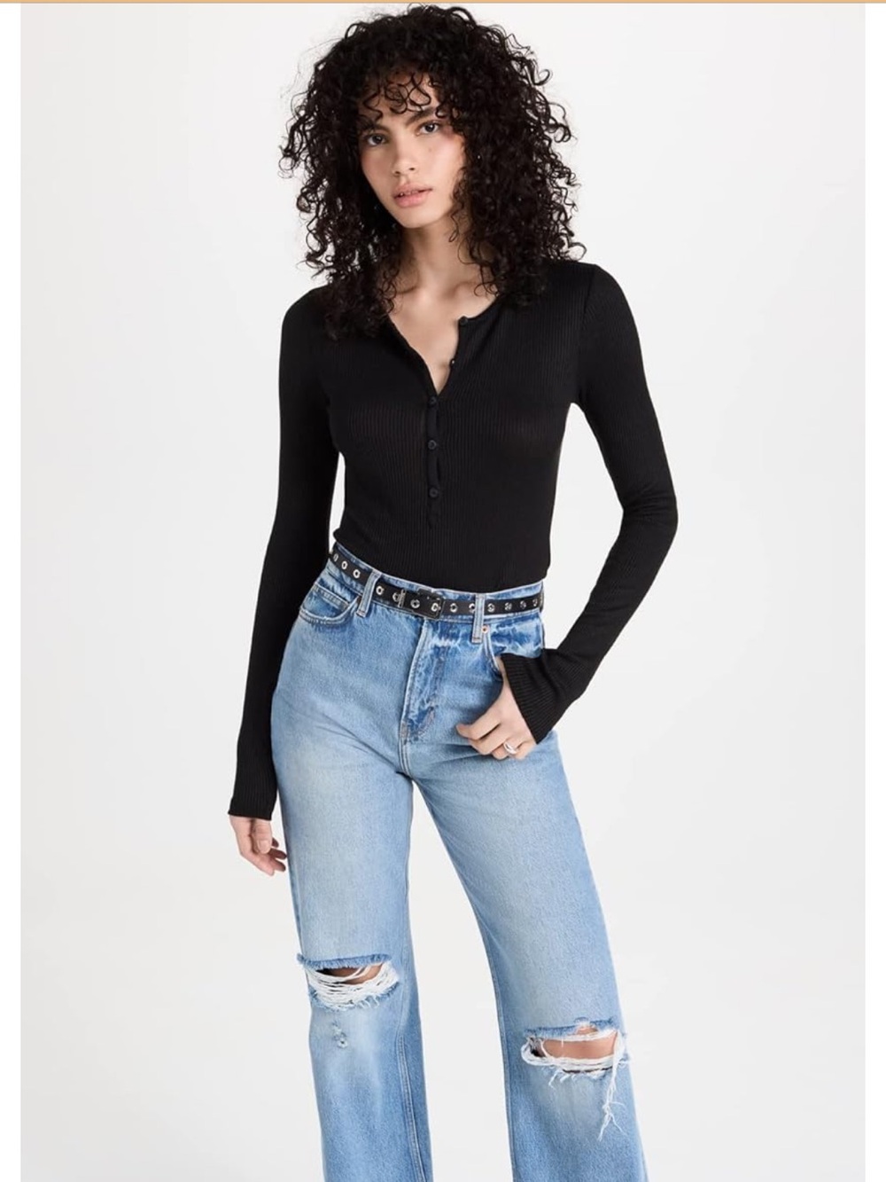 rag & bone Black Long-Sleeve Henley Ribbed Top